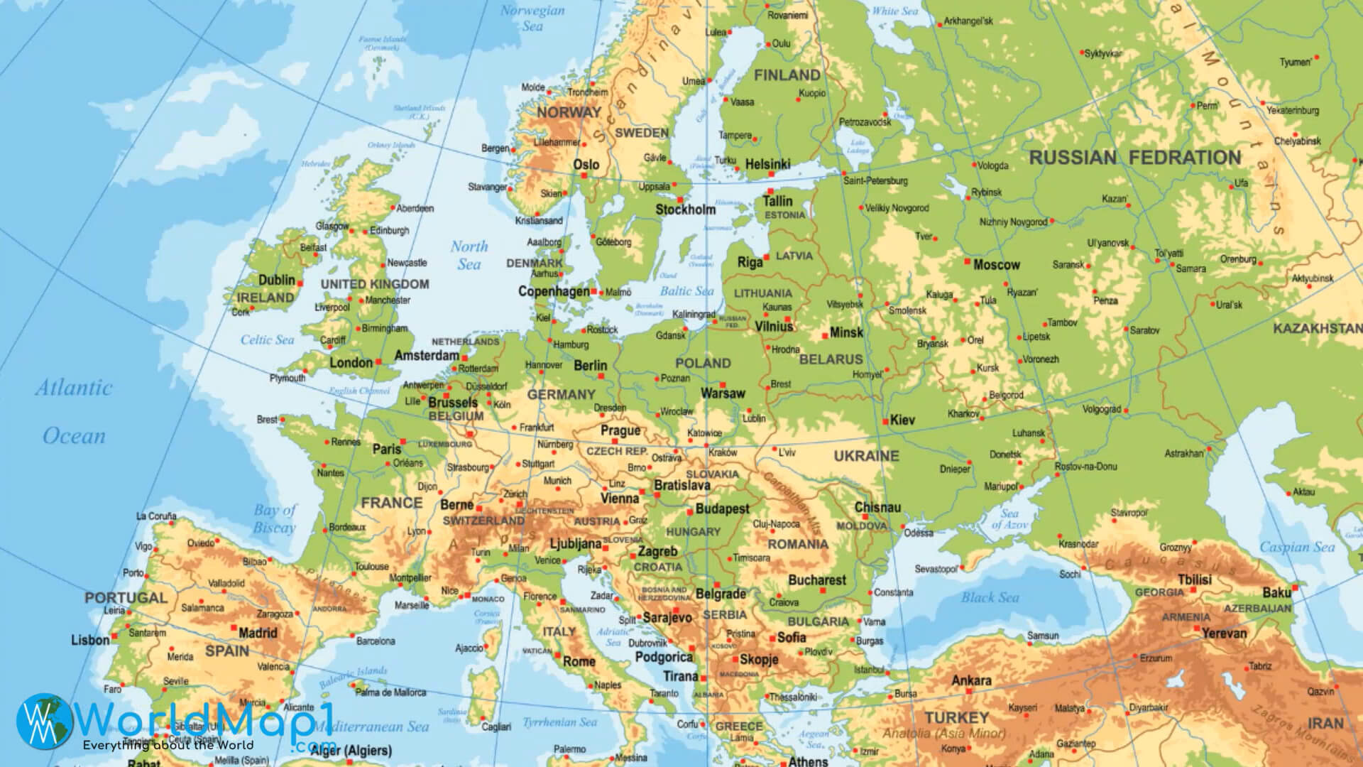 Avrupa ve Rusya'nın Ücretsiz Fiziki Haritaları
